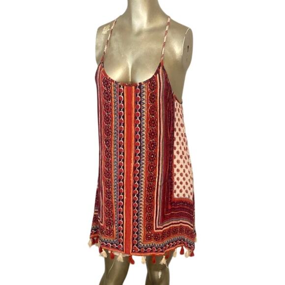 Angie Y2K T Back Mini Dress Fring Festival Boho Cover Up Tank Strappy Small - Picture 1 of 10